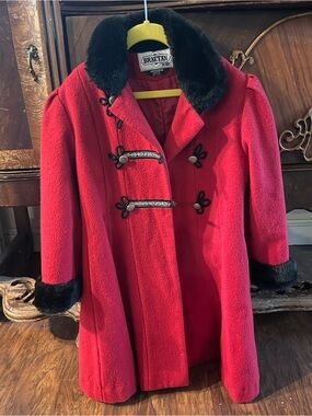 Braetan Red Pea Coat with Black Faux Fur Collar & Cuff Trim